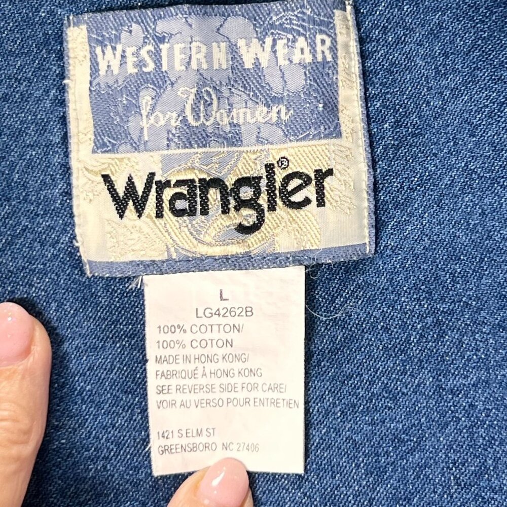 Vtg Wrangler Western Wear Denim Shirt White Blue Cowgirl Rodeo Zig Zag Plaid Lg - Picture 4 of 13